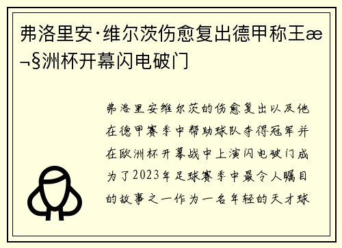 弗洛里安·维尔茨伤愈复出德甲称王欧洲杯开幕闪电破门