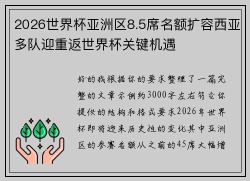 2026世界杯亚洲区8.5席名额扩容西亚多队迎重返世界杯关键机遇